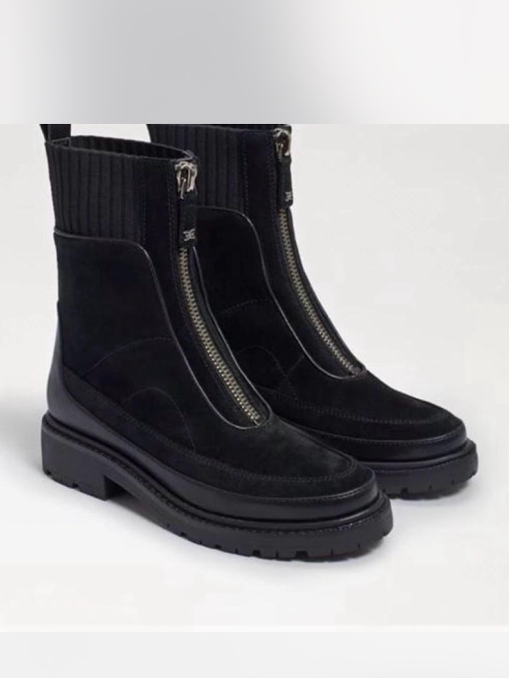 Sam Edelman Leone Lug Black Suede Front-Zip Ribbed-Cuff Ankle Boots